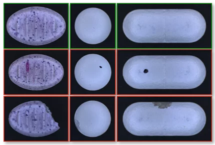 Industrial camera image showing similar tablets classified with deep learning.