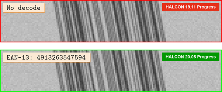 Thecomparison between the bar code reading in HALCON 19.11 and 20.05.