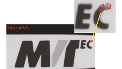 Print Image Inspection: Comparison of labels with trained templates, resulting in: not OK.