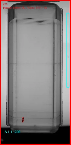 Machine-Vision-Auswertung einer Ampulle mit markierter Partikelerkennung; harmlose Farbabweichungen werden nicht als Defekt klassifiziert.