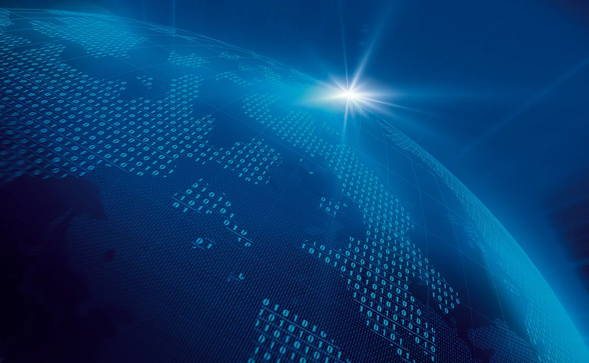 Alt-text: Digital globe with binary code and a world map pattern, representing worldwide online training and connectivity.