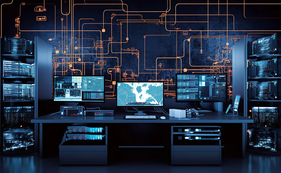 Cybersecurity control room with multiple monitors and server racks, featuring a network-style circuit overlay in the background.