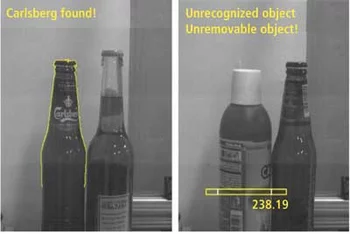 Machine vision images showing bottle detection and object classification for automated drink serving by a robotic bartender.