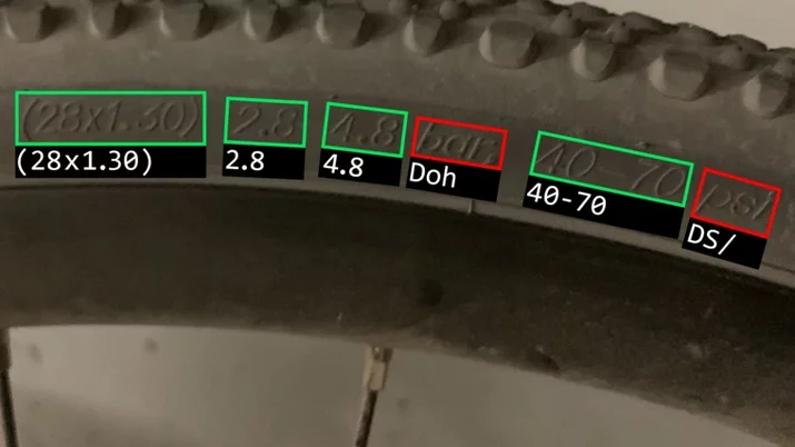 Tire with number and text recognition – incorrect results without Deep OCR training.