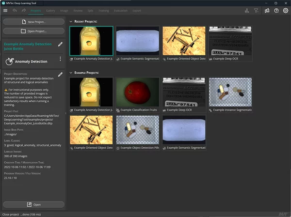 User interface of the MVTec Deep Learning Tool with functions for annotation, training, and evaluation of deep learning models.