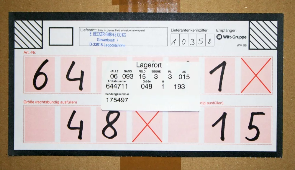 Warehouse label showing item number and storage position identified by machine vision OCR.