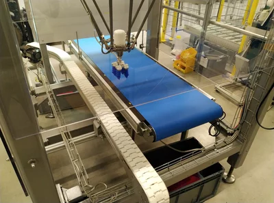 Delta robot detecting unsorted food products on a conveyor belt using MERLIC machine vision.