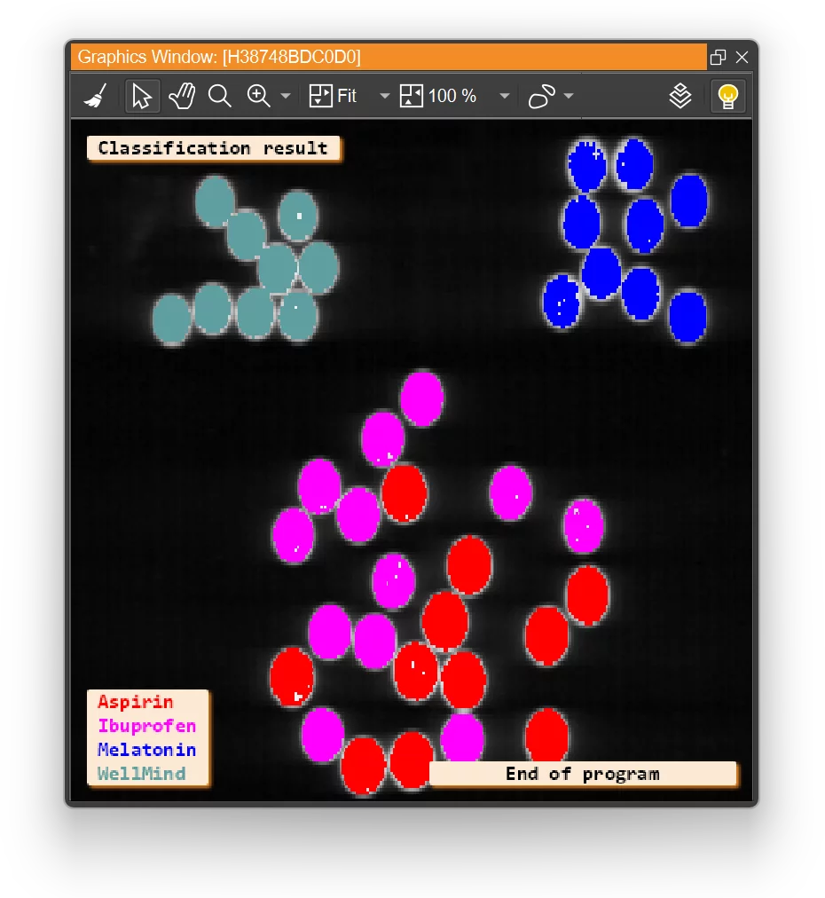 Hyperspectral classification in HALCON separates visually identical but chemically different pills.