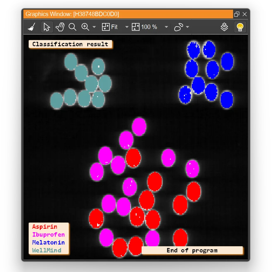 Hyperspectral classification in HALCON separates visually identical but chemically different pills.