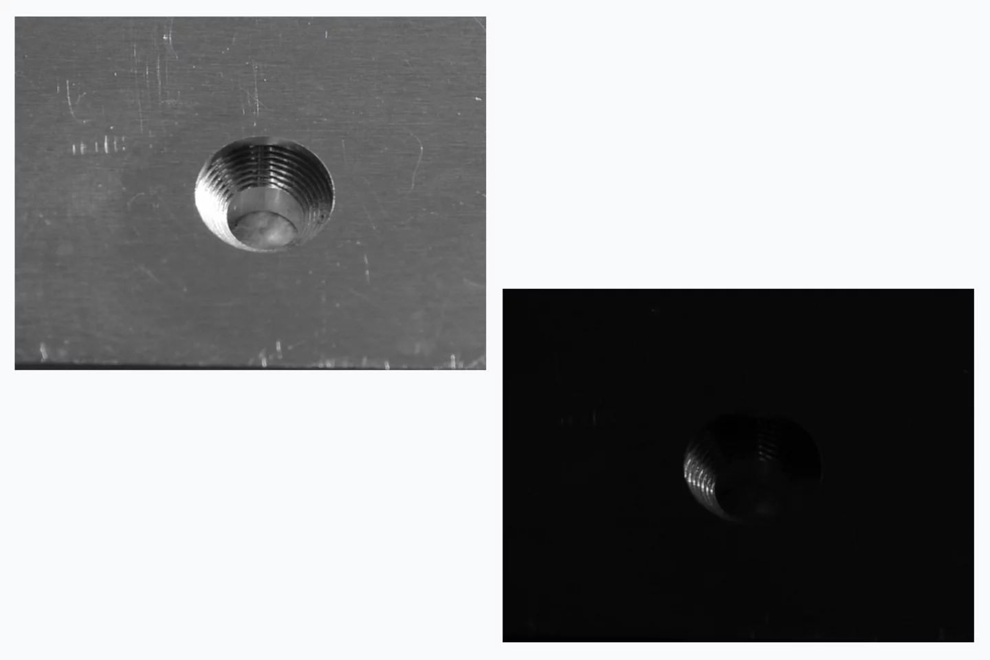 Images of a bore hole illuminated with short and long pulse.