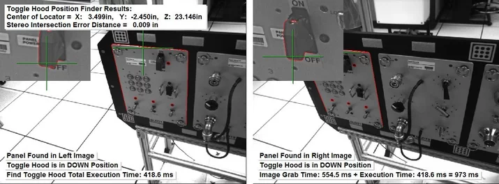 Machine vision screenshots showing object localization and position analysis used to control robotic operations.