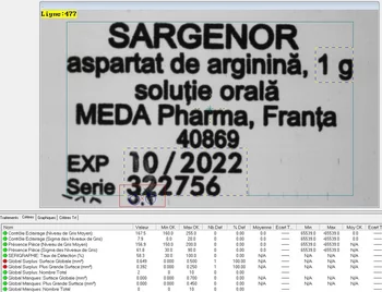 Results of machine vision inspection showing detected print quality on pharmaceutical glass ampoules.
