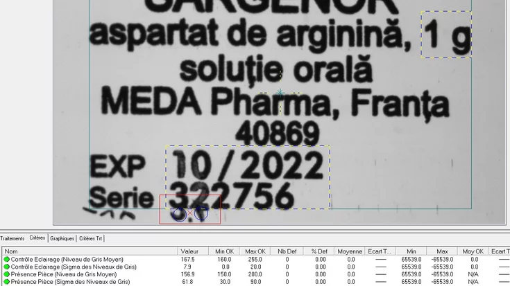 Results of machine vision inspection showing detected print quality on pharmaceutical glass ampoules.