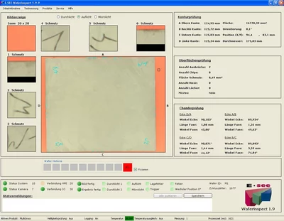Inspection software interface showing wafer analysis results and measurement data from machine vision processing.