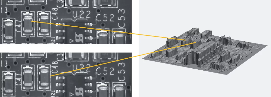 Left: Images of the object captured with a calibrated two-camera setup. Right: The 3D shape of the object calculated using both images.