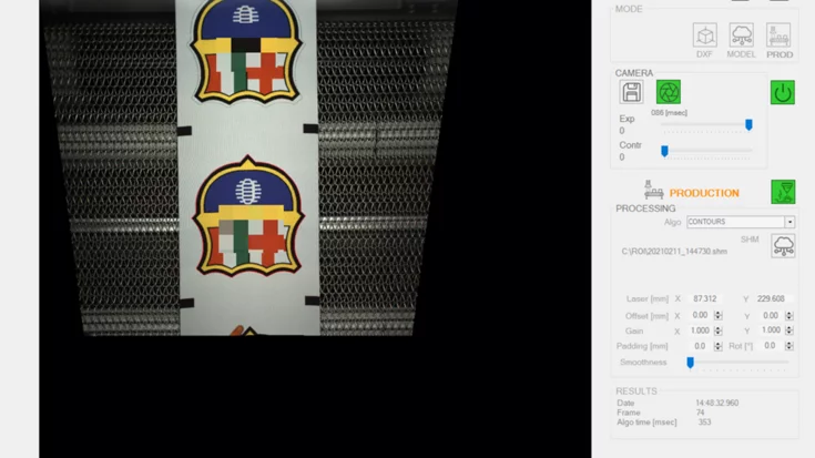 Real-time detection of cutting lines in textile production using MVTec HALCON with contour-based image analysis.