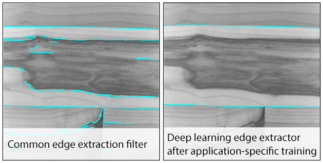 Screenshot of a commong edge extraction filer application and one with deep learning edge extractor after applicatioin-specific training
