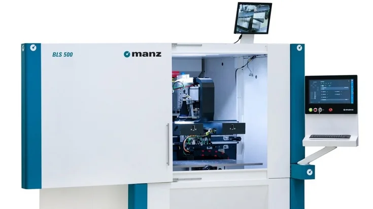 Battery laser welding system used in automated battery production with integrated machine vision inspection.