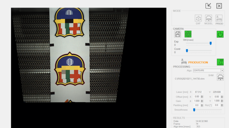 Real-time detection of cutting lines in textile production using MVTec HALCON with contour-based image analysis.