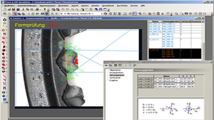 User interface of Vision Q.400 inspection software showing industrial image processing, measurement, and analysis based on HALCON algorithms.