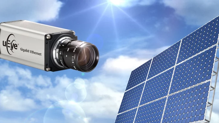 Machine vision camera inspecting silicon wafers for solar cells as part of a photovoltaic quality inspection system.