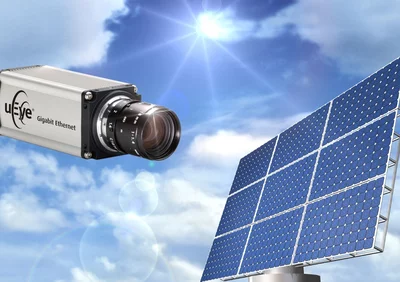 Machine vision camera inspecting silicon wafers for solar cells as part of a photovoltaic quality inspection system.