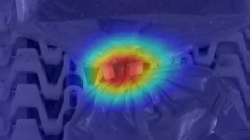 Classification heatmap generated by MERLIC 5 highlighting defect areas on toast packaging using deep learning.