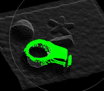 A visualization showing how machine vision identifies and localizes irregular, arbitrarily shaped critical features on a part surface through point cloud image analysis.