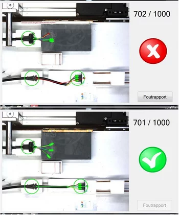 Machine vision inspecting cable tree assembly, showing green and red marks for identifying defects.