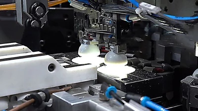 Bottle caps inspected by machine vision to verify print quality in beverage production.