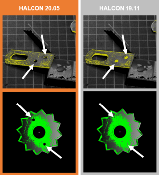 HALCON 20.05 offers a more robust surface-based 3D matching compared to HALCON 19.11.