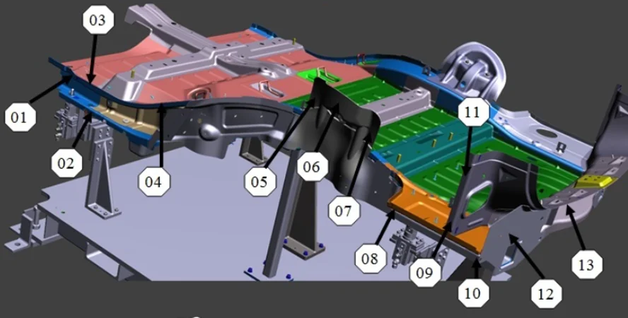 Robots navigating to multiple predefined measurement points across an automotive floor pan for inspection.