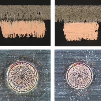 Collage showing cross-section polishes and machine vision inspection images of battery welds for quality classification and anomaly detection.