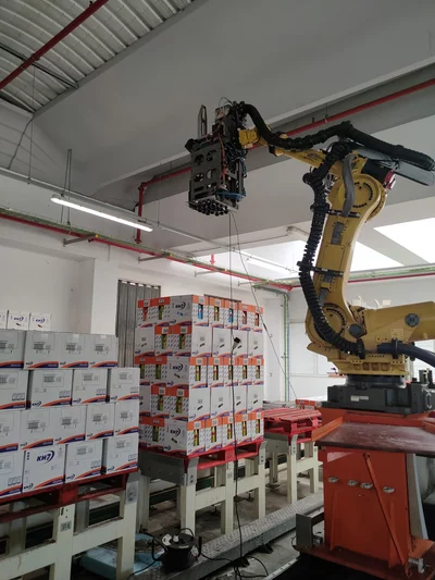 Robot depalletizing cartons layer by layer using machine vision in a logistics environment.