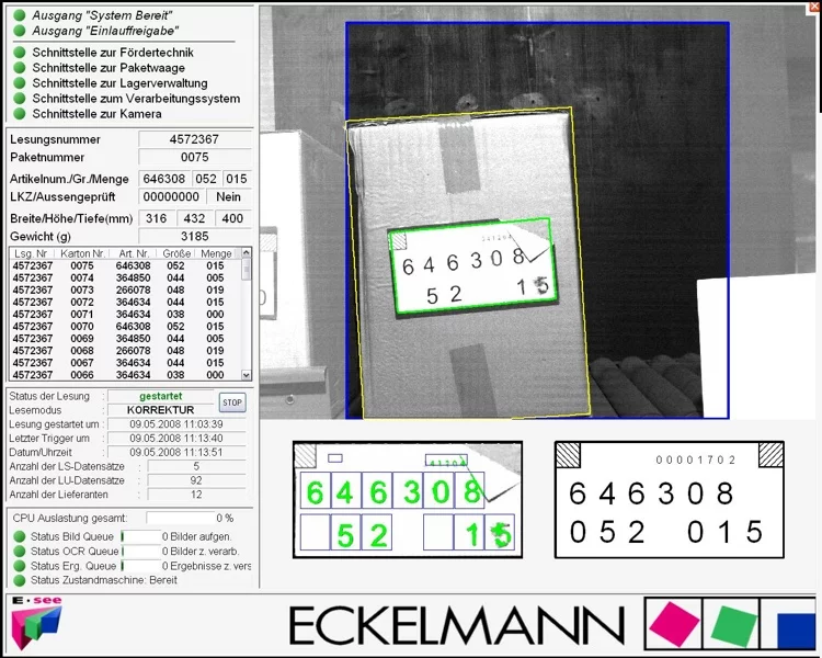 OCR user interface displaying recognition results for handwritten characters on package labels.
