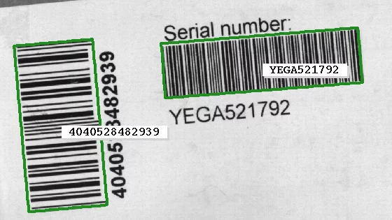 Bar codes are read robustly, even under challenging conditions such as overexposure or partial occlusion.