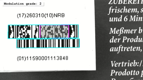 MVTec software shows a bar code with highlighted parameters for ISO/IEC 15416 quality grading.