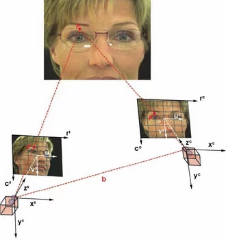 Diagramm zur automatischen Berechnung von Brillenfassungen und Gläsern mit Stereo-Kameratechnologie und Triangulationsprinzip am Gesicht.