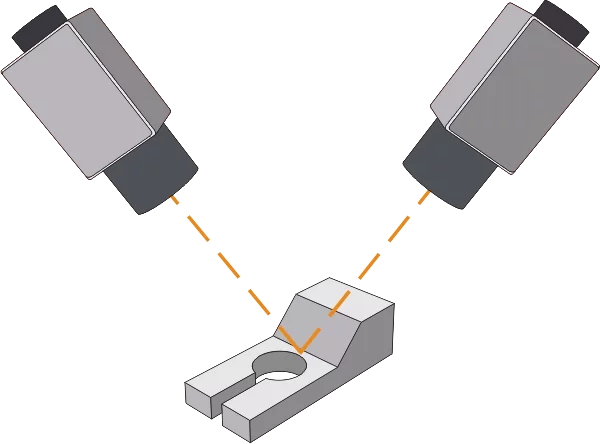 Two or more cameras capture images from different perspectives, and a disparity map is calculated to determine the three-dimensional shape of the object.