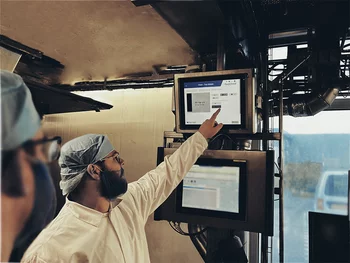 Operating personnel using the PackCheck machine vision solution for quality control in food packaging production.