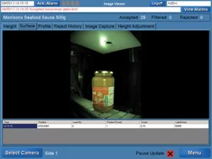 Machine vision interface showing shape-based matching model used to locate jar, label, seal, and date code regions.