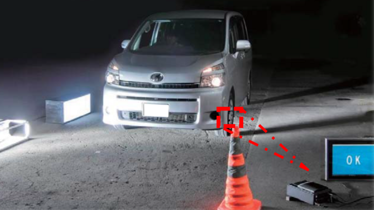 Vehicle passing a roadside machine vision system that inspects tires automatically for roadworthiness.