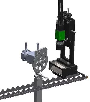 Print inspection setup for glass ampoules using a line scan camera, backlight, and rotation unit.