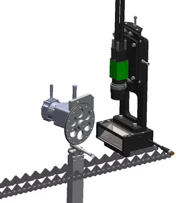 Print inspection setup for glass ampoules using a line scan camera, backlight, and rotation unit.