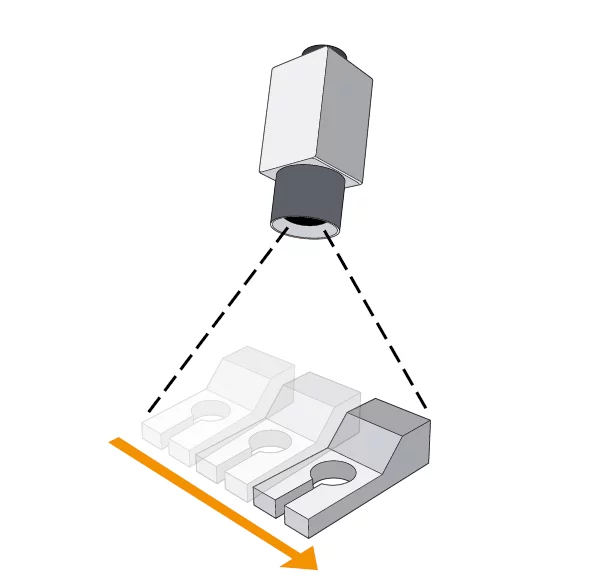 A camera captures overlapping images of a moving object, and based on that, the object's three-dimensional shape is determined.