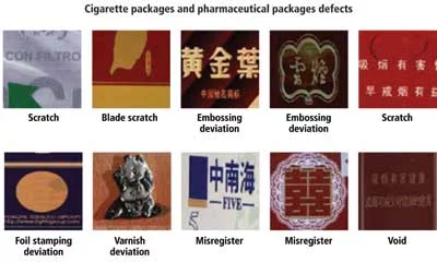 Inspection images showing printed material defects like scratches, misregistration, and embossing deviations.