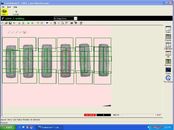 Machine vision software user interface displaying measured dimensions and inspection results for biscuits.