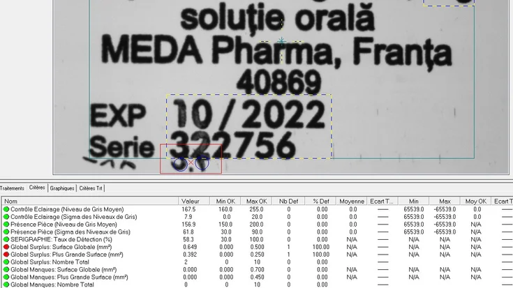 Results of machine vision inspection showing detected print quality on pharmaceutical glass ampoules.