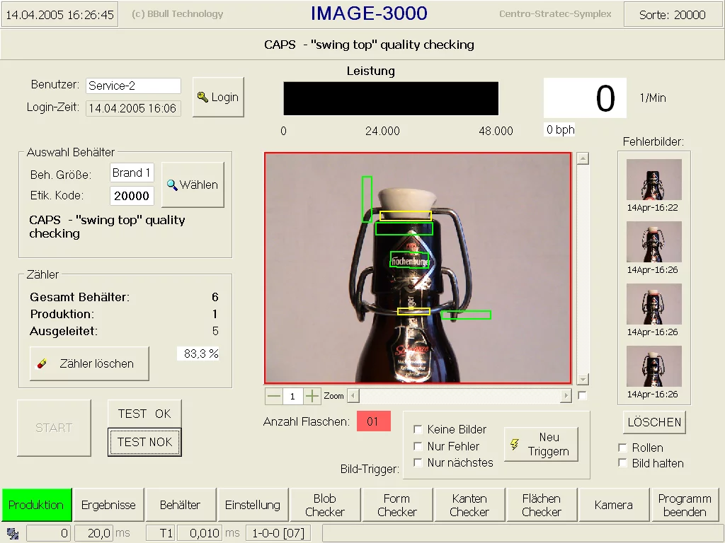 Machine vision system inspecting swing-cap bottles and labels during high-speed quality control.