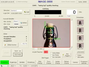 Machine vision system inspecting swing-cap bottles and labels during high-speed quality control.
